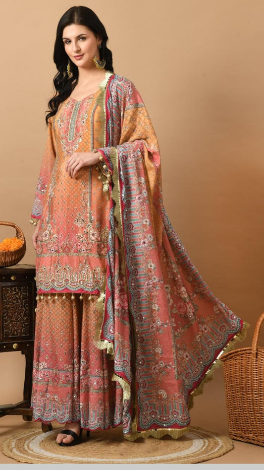 Beautiful Dazzling Printed Suit With Heavy Work