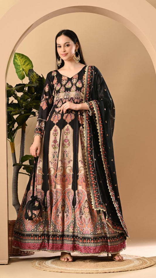 Beautiful Printed Anarkali Suit With Potli