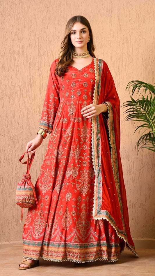 Red Anarkali Suit With Dupatta & Poli